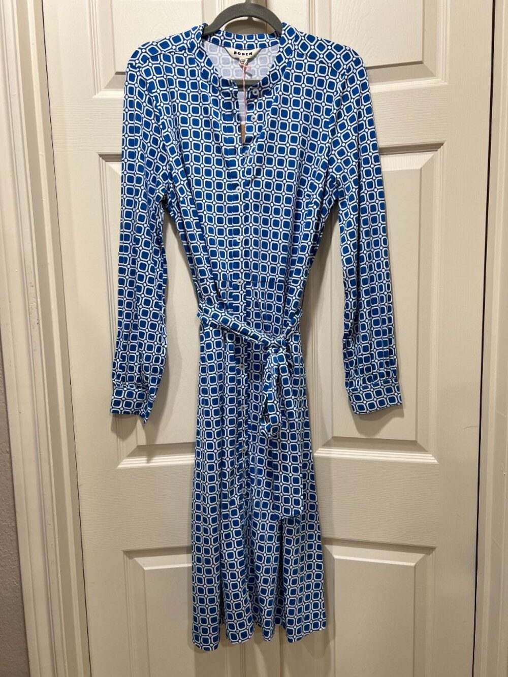 NWT Women's Boden Blue White Geometric Shirt Dress Tie Waist Long Sleeve  US 10L